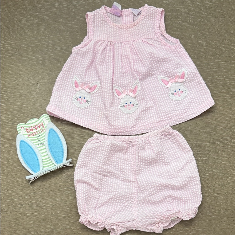 Seersucker Pink Baby Outfit with Bunny Design